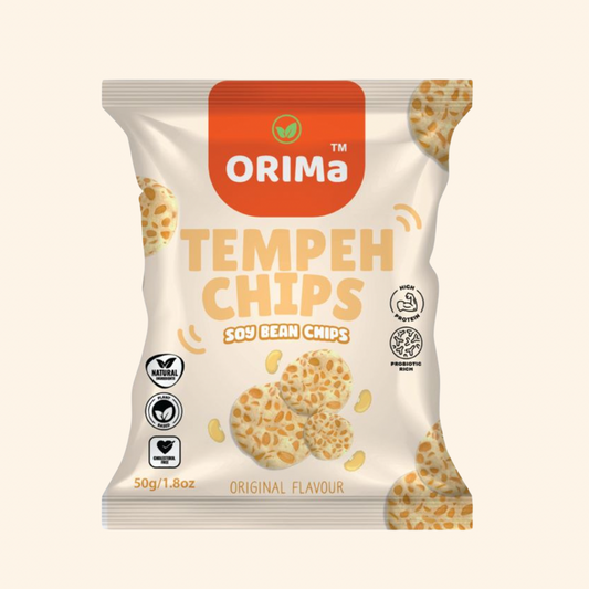 Packaging of ORIMA Tempeh Chips on a light beige background