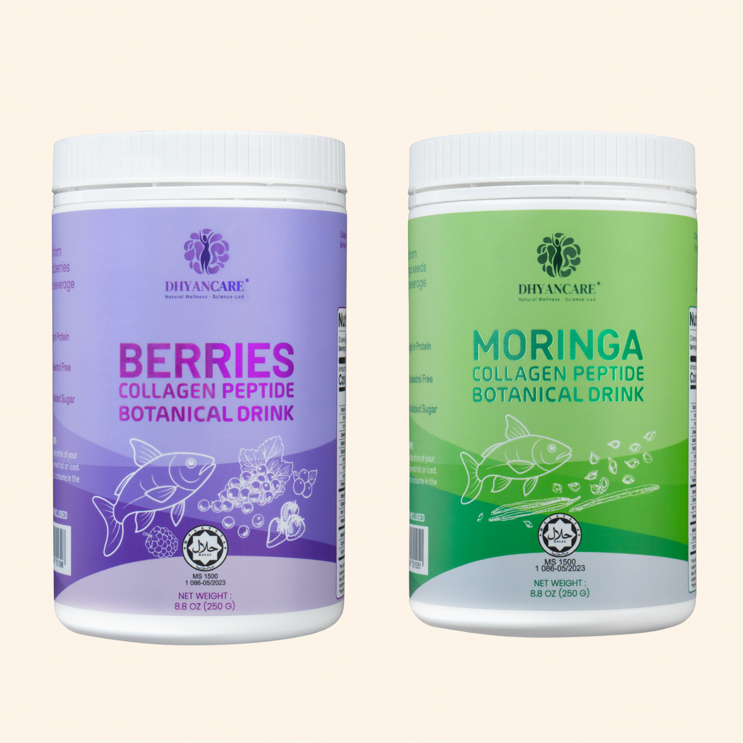 Two containers of Drivencare botanical drinks, one purple labeled 'Berries Collagen Peptide' and one green labeled 'Moringa Collagen Peptide', on a beige background.