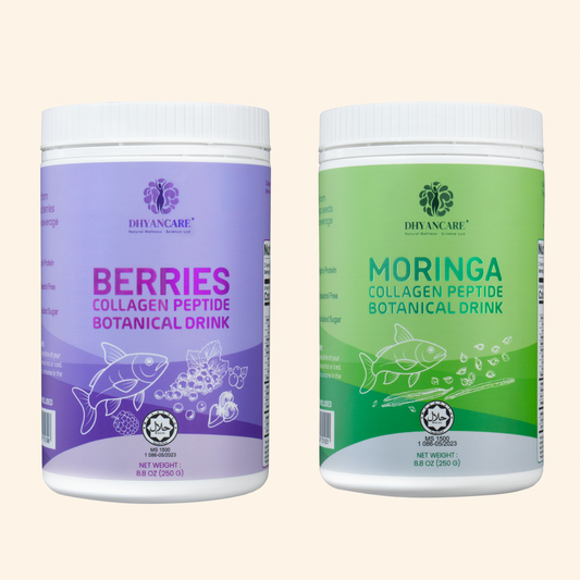 Two containers of Drivencare botanical drinks, one purple labeled 'Berries Collagen Peptide' and one green labeled 'Moringa Collagen Peptide', on a beige background.