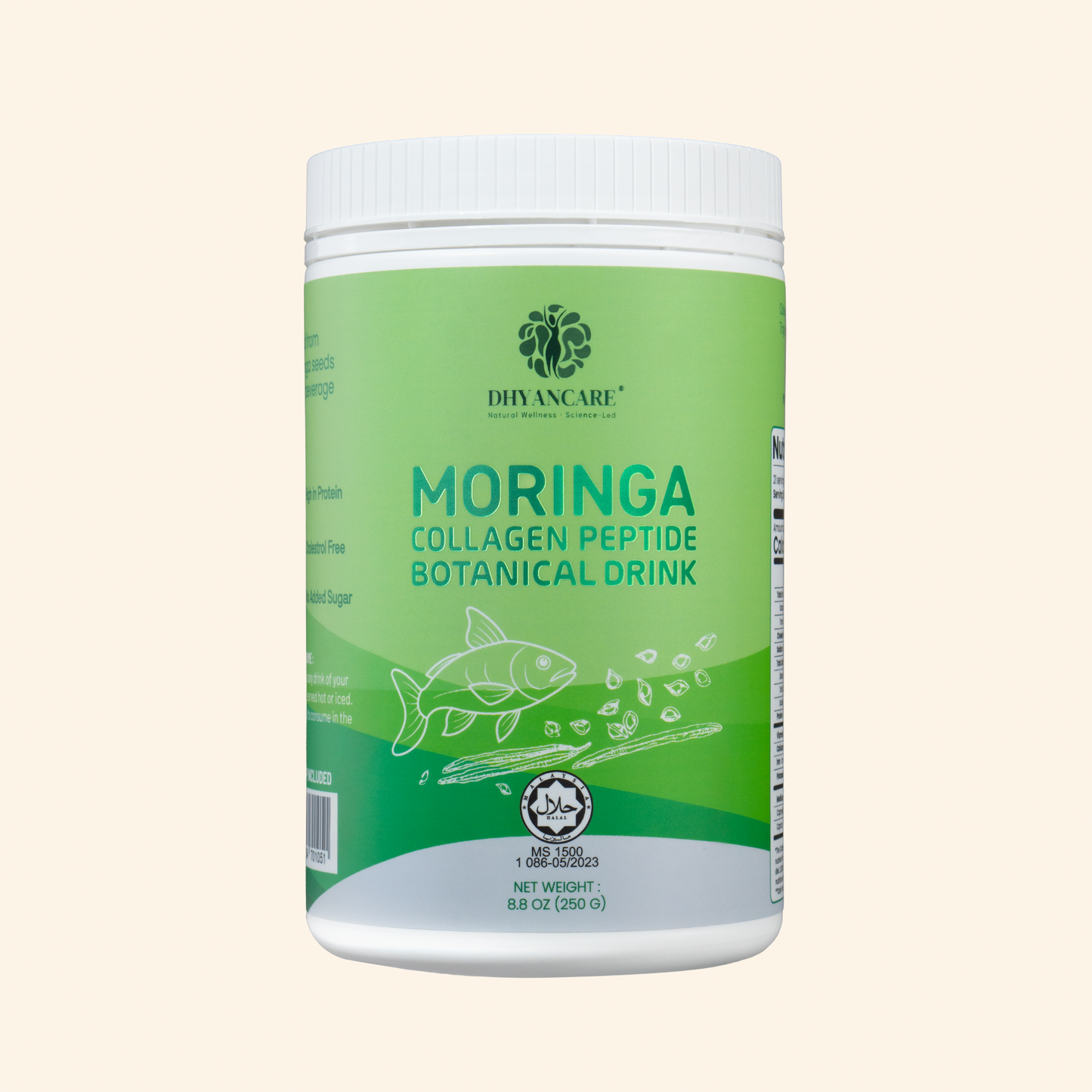 Green and white container of Moringa Collagen Peptide Botanical Drink on a light beige background