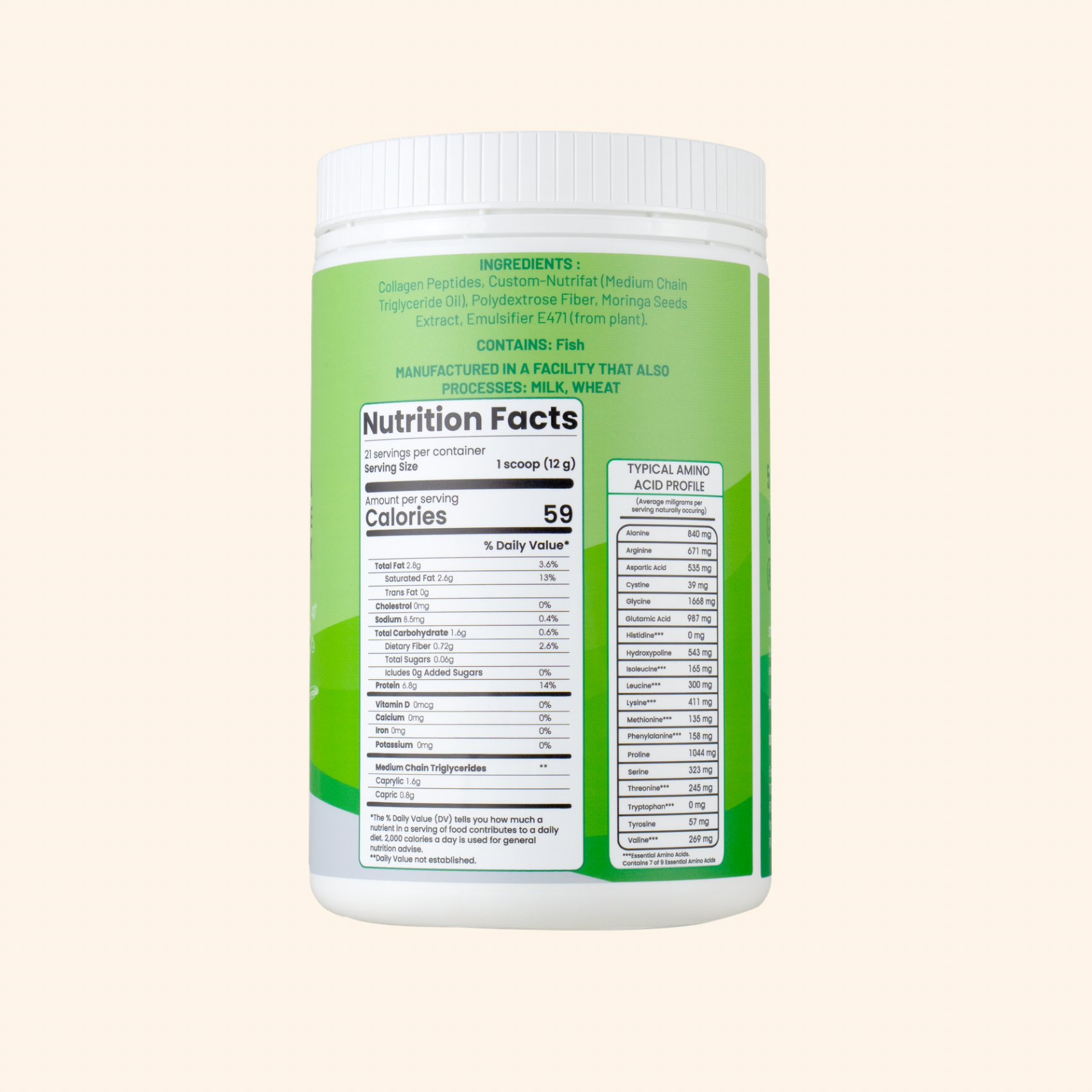 Nutrition facts label on a green supplement container with a white background