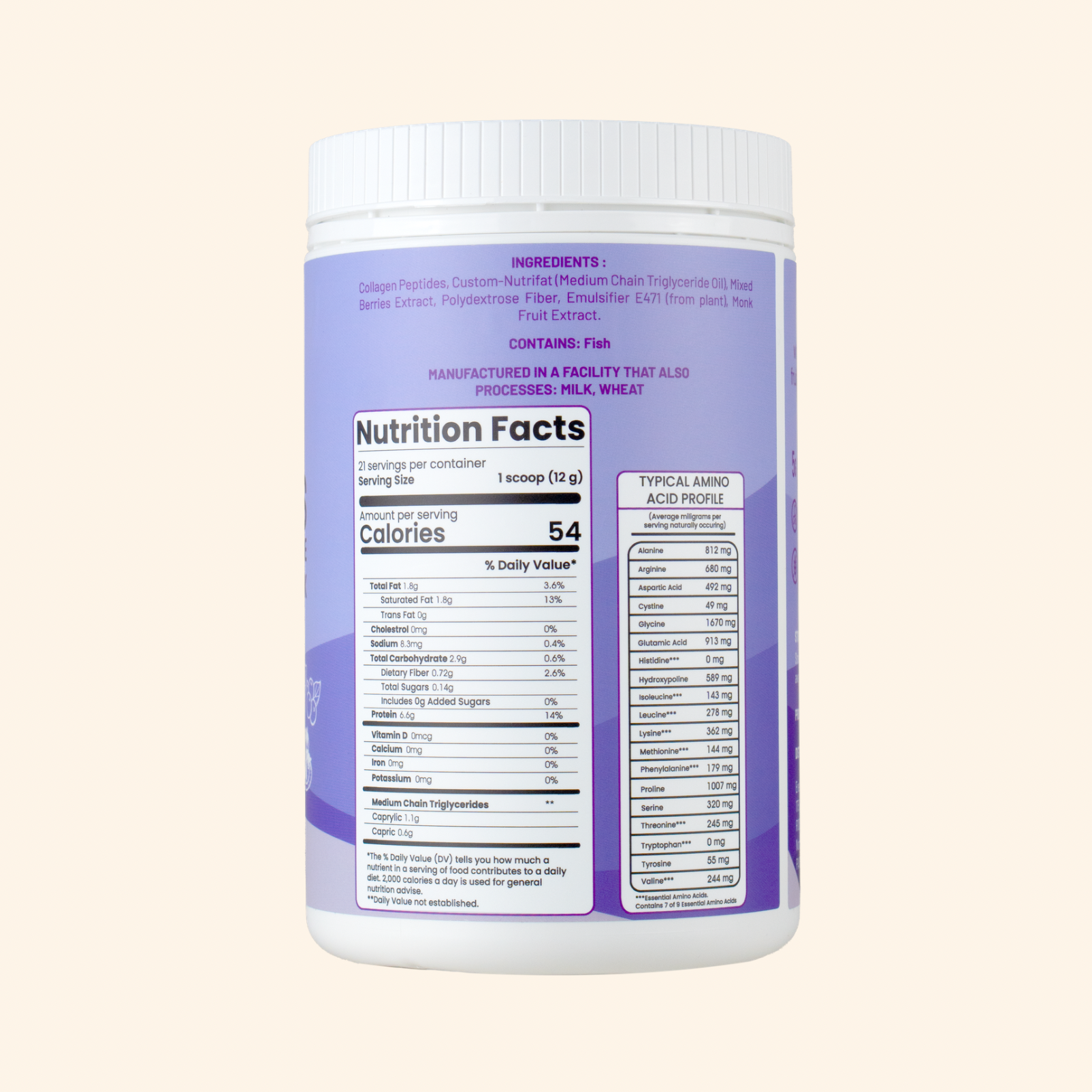 Nutrition facts label on a supplement container with a light purple background
