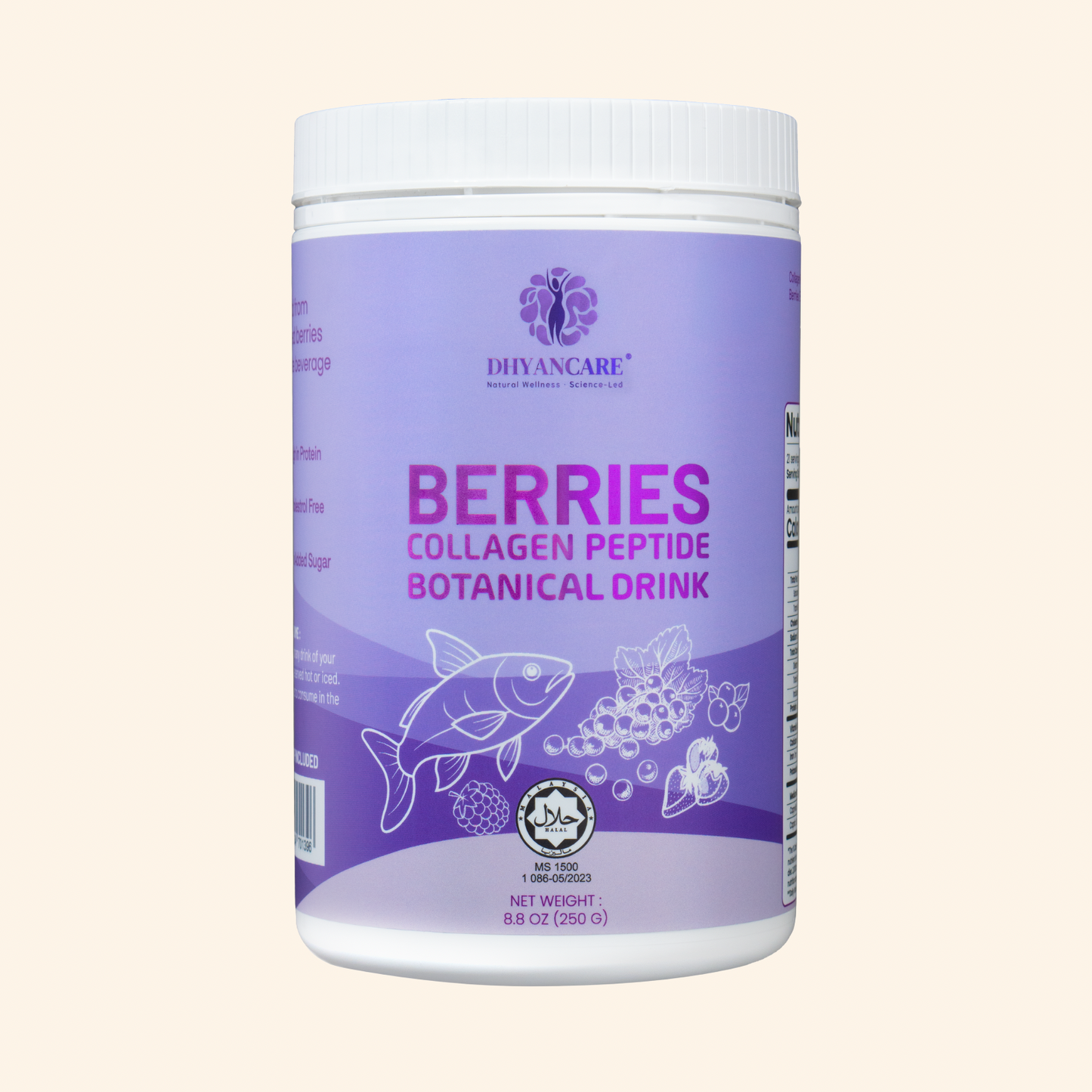 Berries Collagen Peptide Botanical Drink container with purple label on a beige background