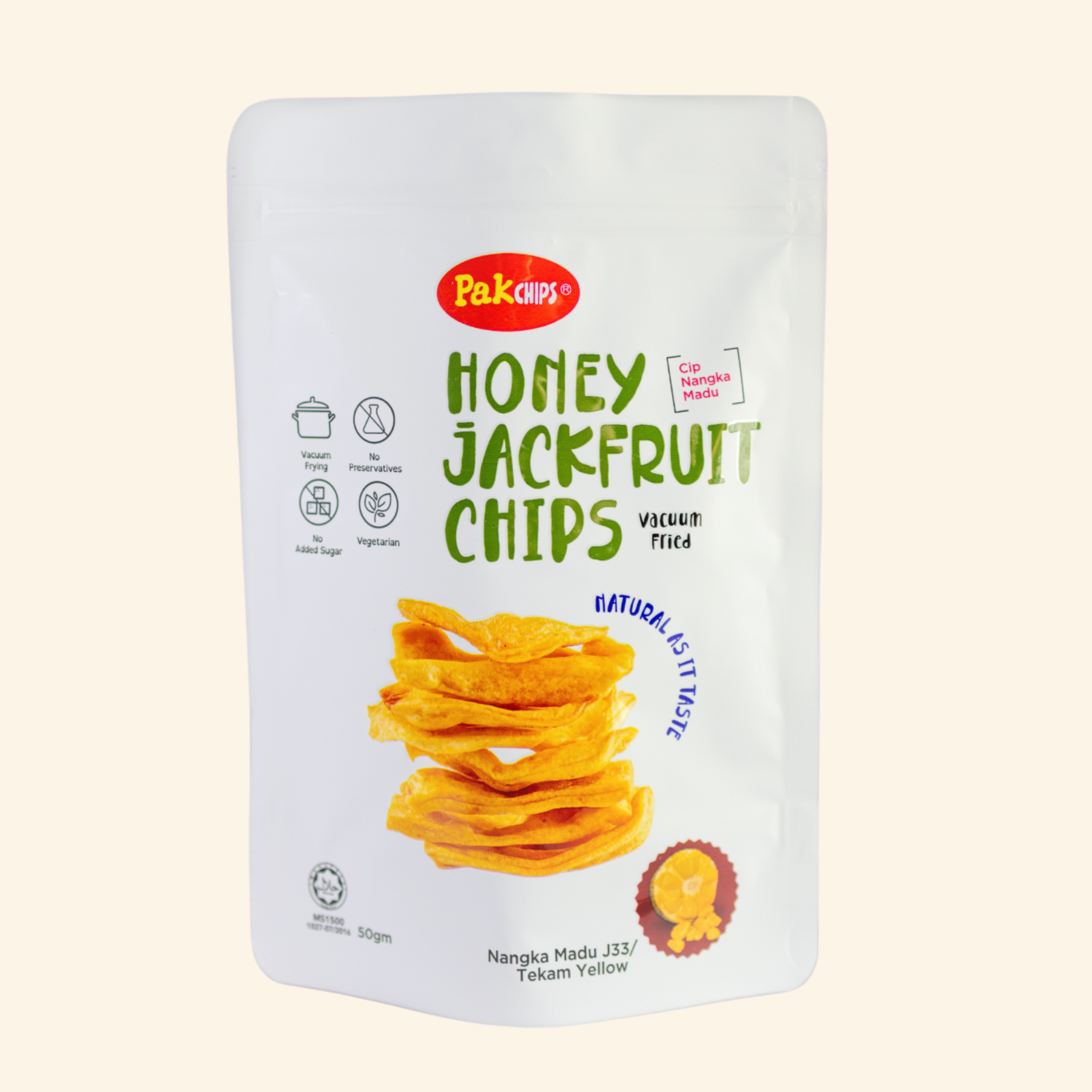 Pack of honey jackfruit chips with brand logo on a light beige background