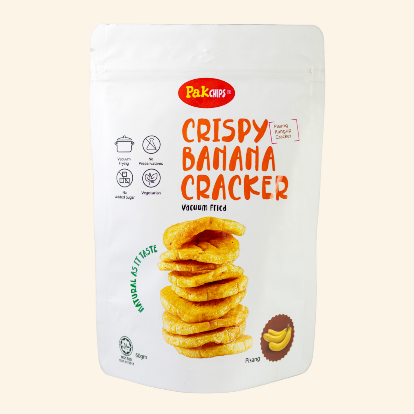 Packaging of Crispy Banana Cracker with brand logo on a beige background