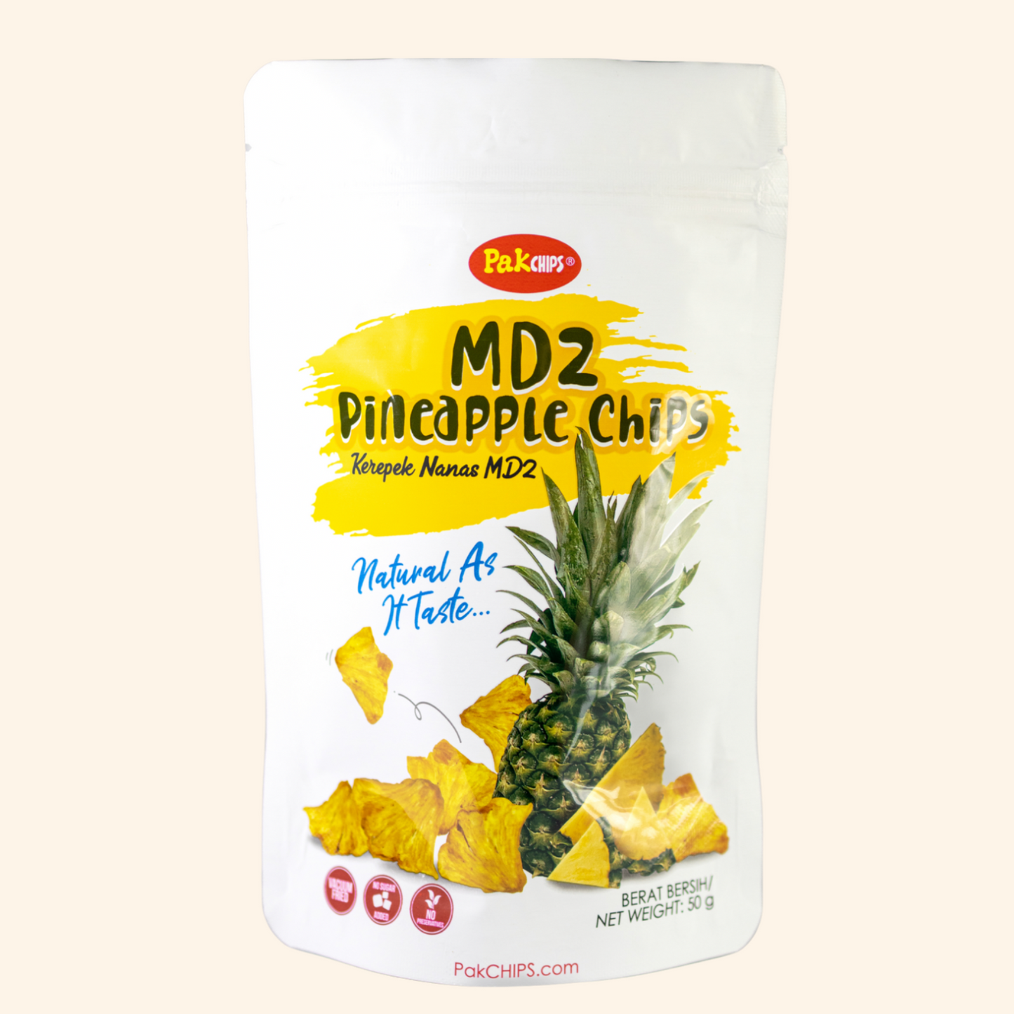 Packaging of MD2 Pineapple Chips with a pineapple illustration on a beige background