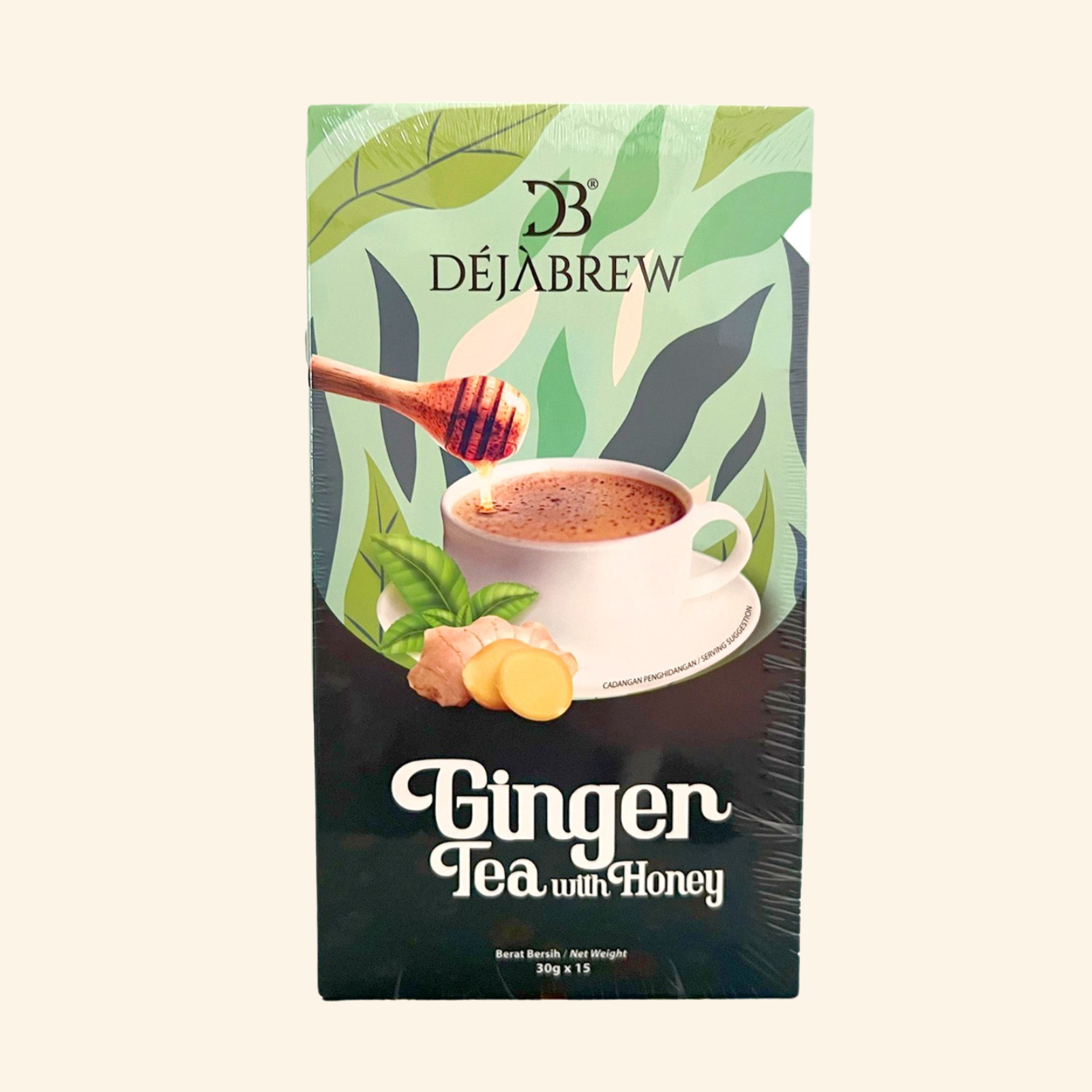Box of Déjà Brew Ginger Tea with Honey on a light beige background