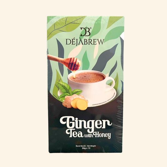 Box of Déjà Brew Ginger Tea with Honey on a light beige background