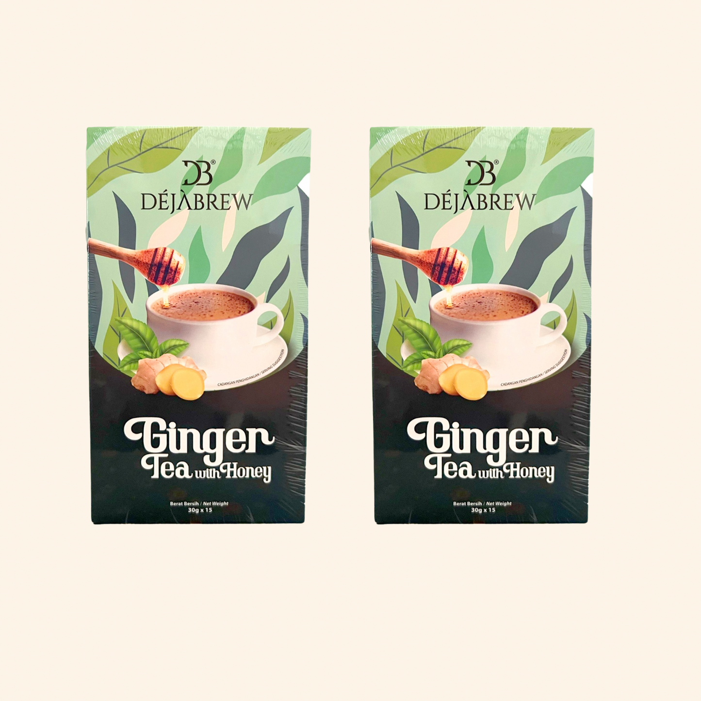 Two packages of Deja Brew Ginger Tea with Honey on a light beige background