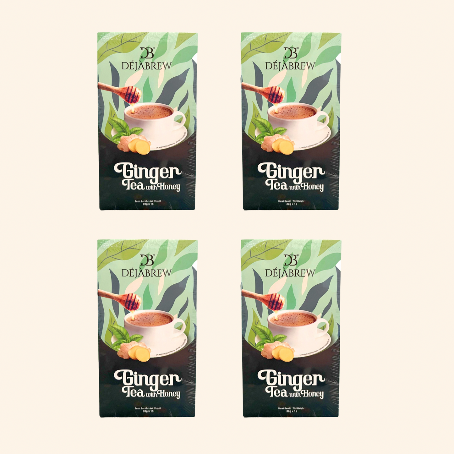Four packages of Dejabrew Ginger Tea with Honey on a light beige background