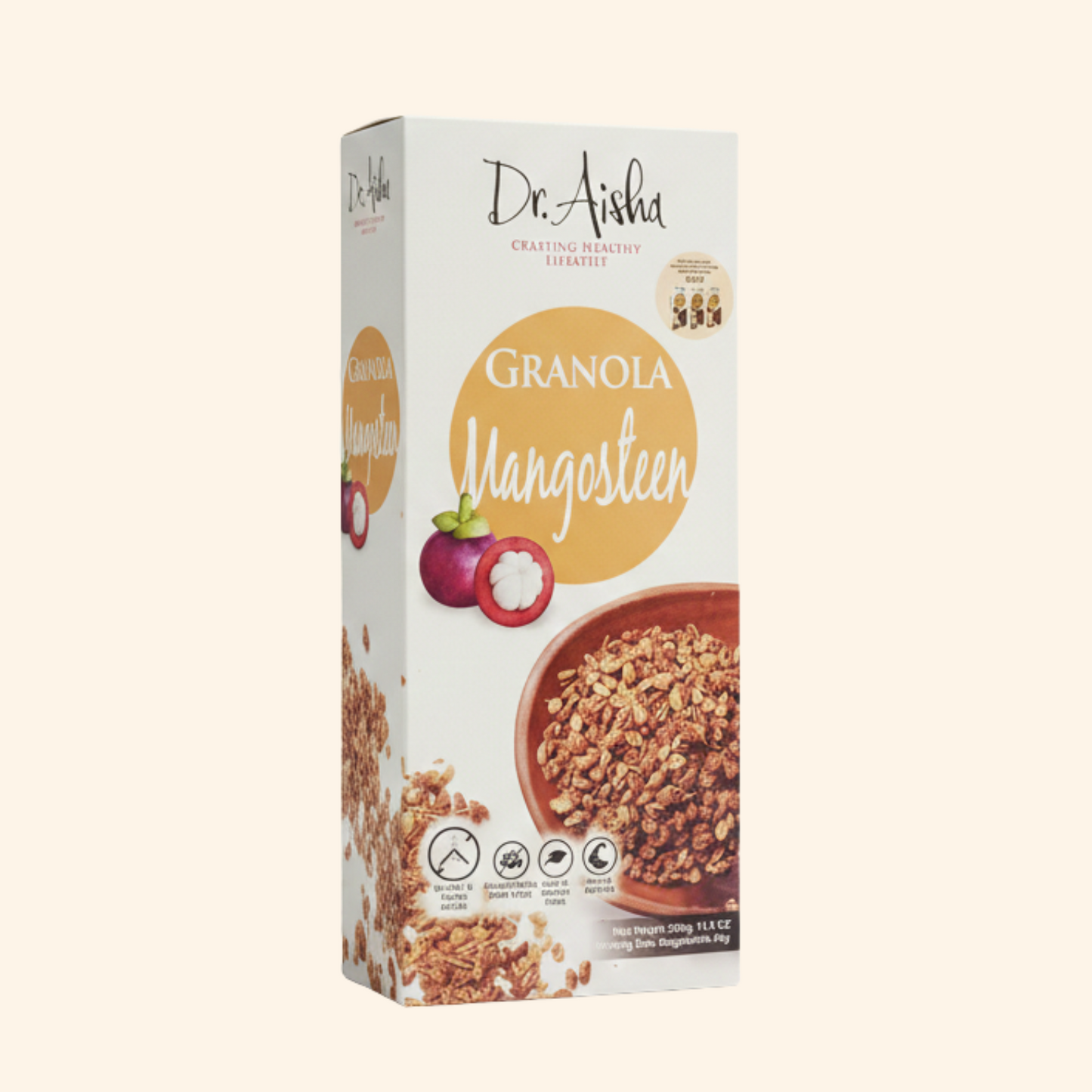 Box of Dr. Aisha Granola Mangosteen on a beige background