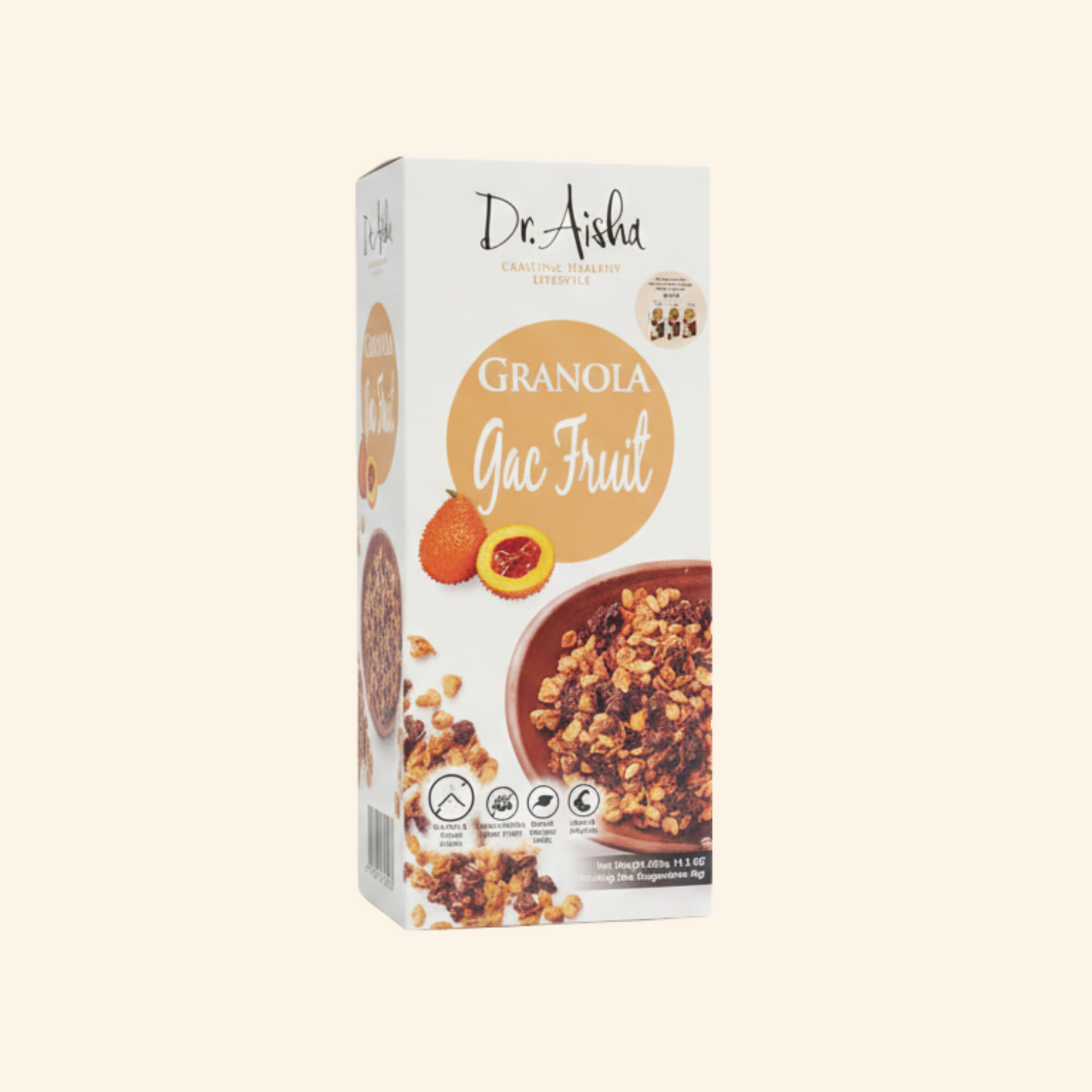 Box of Dr. Aikens Granola with Gac Fruit on a white background