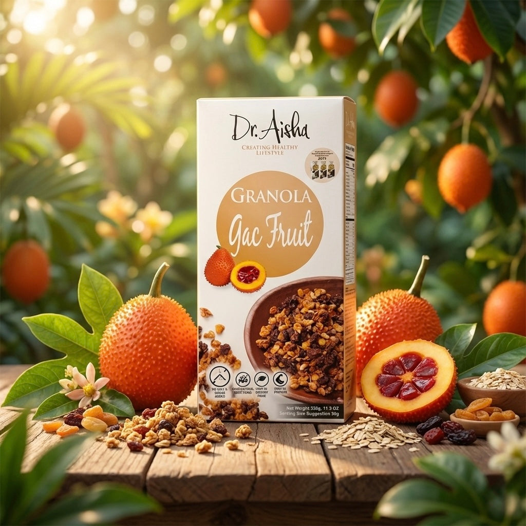 Box of Dr. Aisha Granola with grapefruit on a wooden surface with grapefruit and leaves in the background.