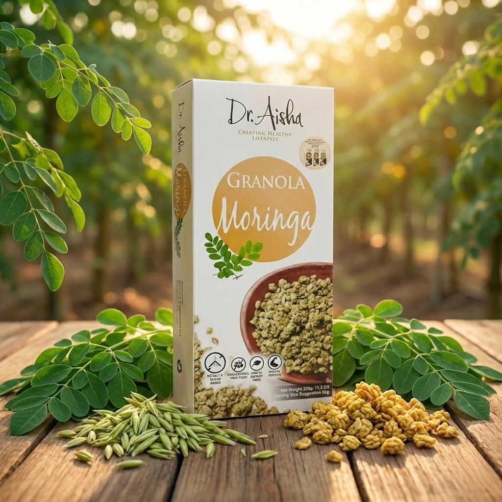 Box of Dr. Aishu Moringa Granola with moringa leaves and seeds on a wooden surface