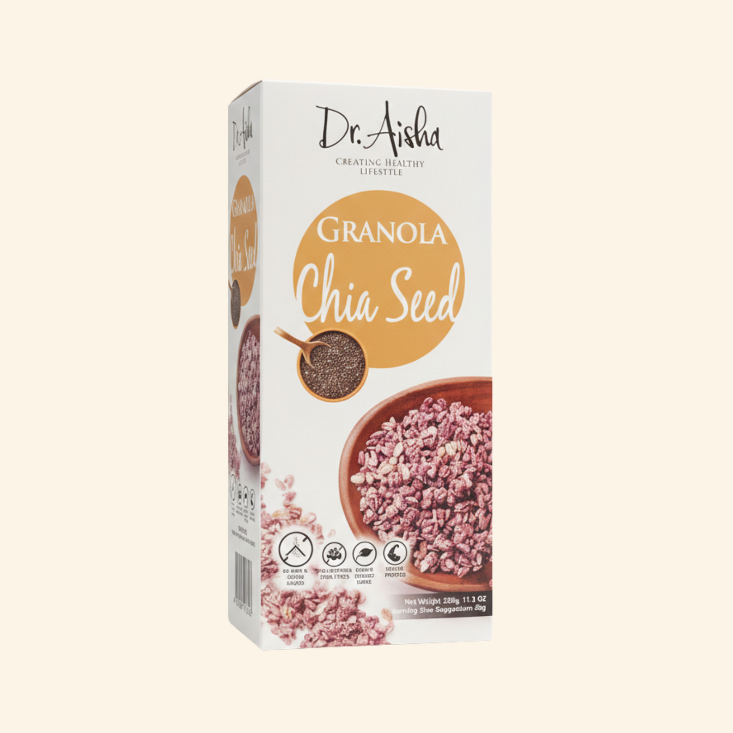 Box of Dr. Aisha Chia Seed Granola on a beige background