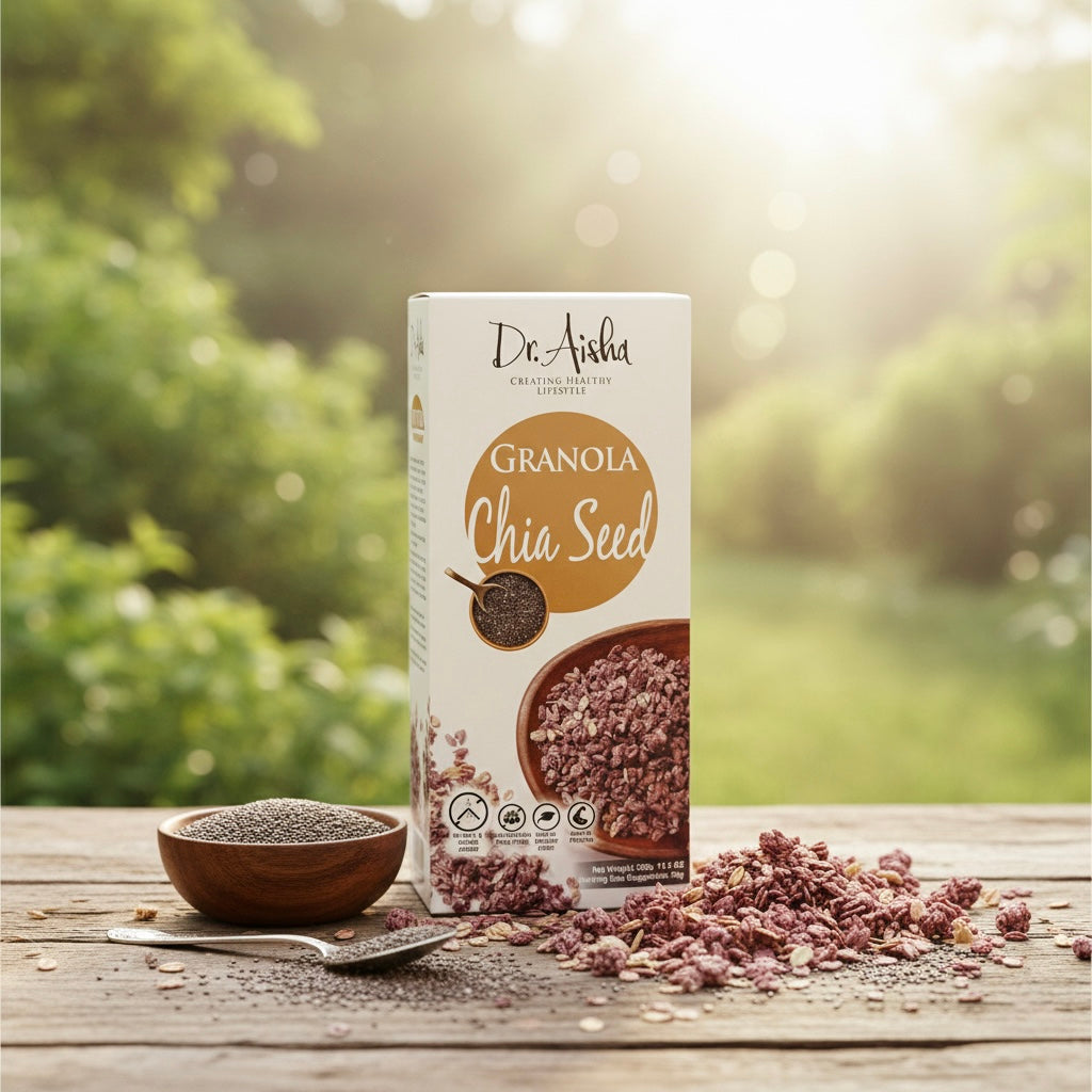 Box of Dr. Aisha Chia Seed Granola on a wooden table with a natural background