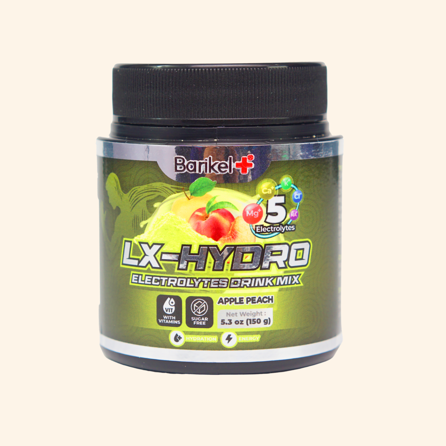 Barikel LX-Hydro electrolytes drink mix container on a beige background