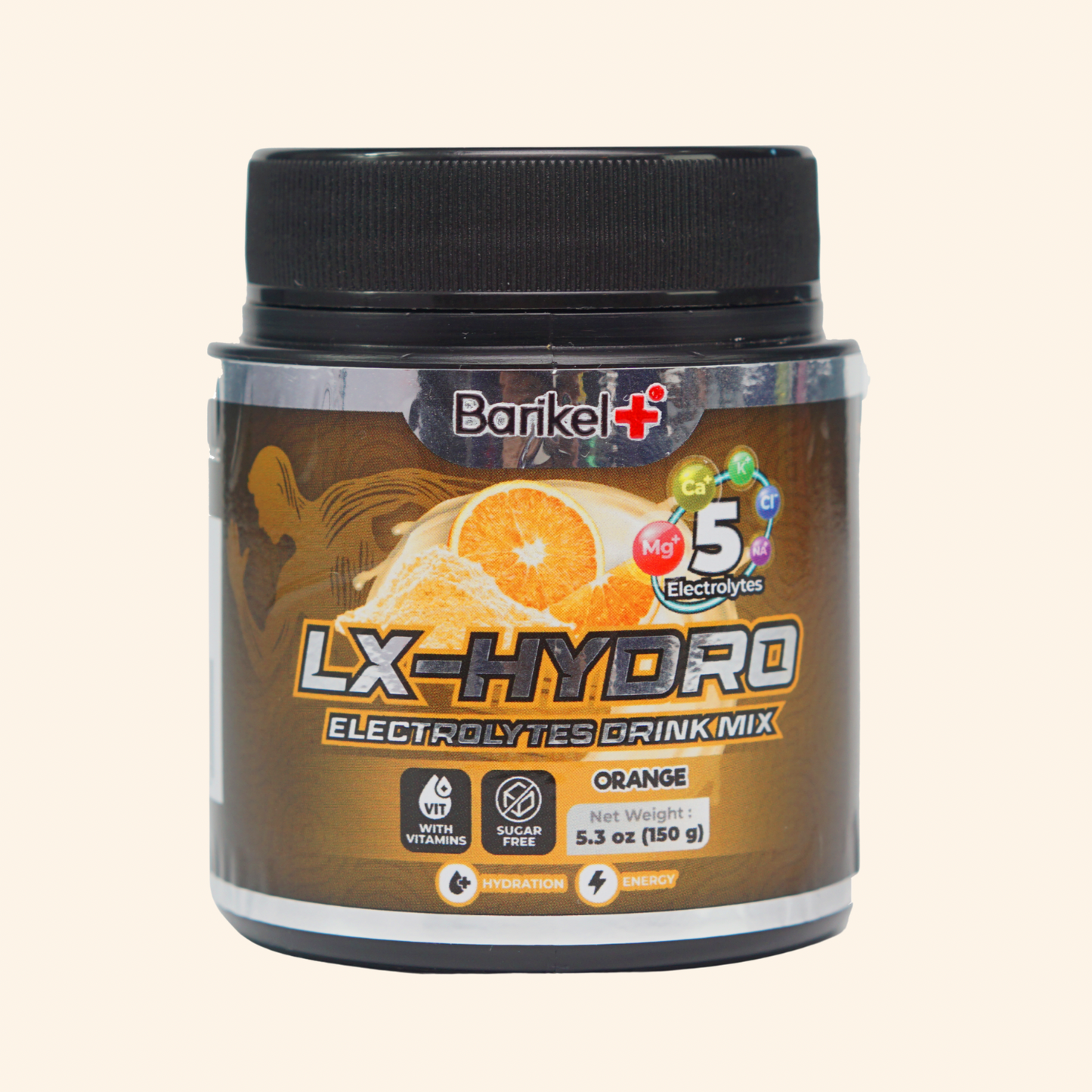 Barikel LX-Hydro drink mix container on a beige background