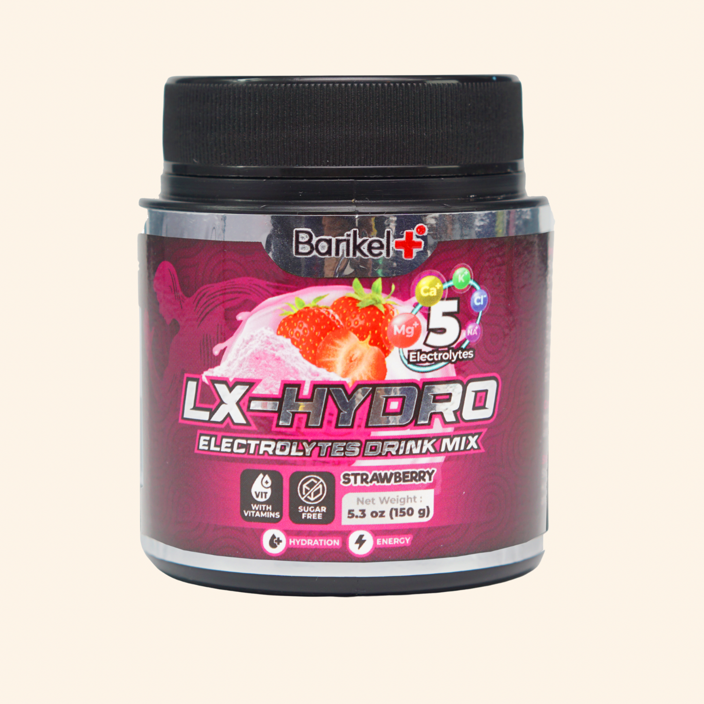 Barikel LX-Hydro electrolytes drink mix container on a beige background