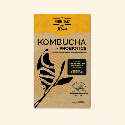 Kombucha probiotics package with yellow and brown design on a beige background
