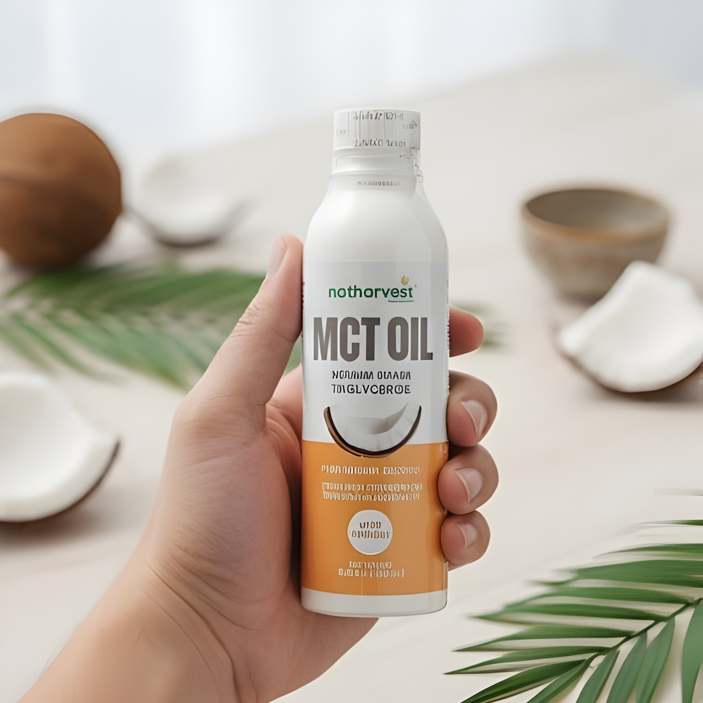 Hand holding a bottle of natharvest MCT Oil with coconut and leaves in the background