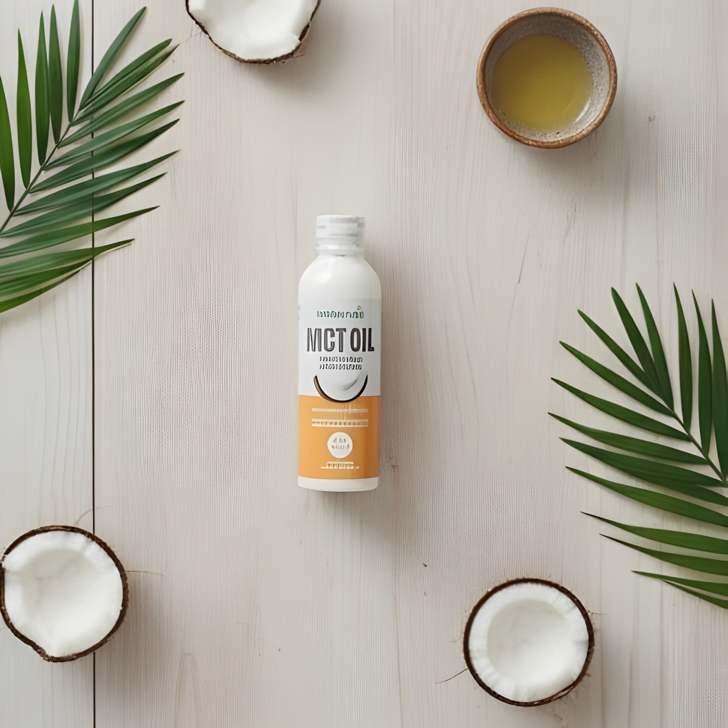Bottle of MCT oil on a wooden surface with coconut halves and leaves.