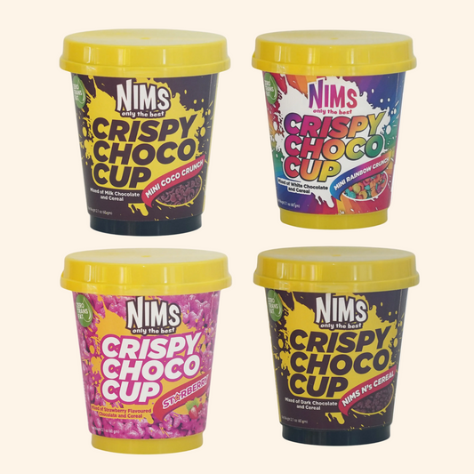 Four Nims Crispy Choco Cup packages with different flavors on a white background