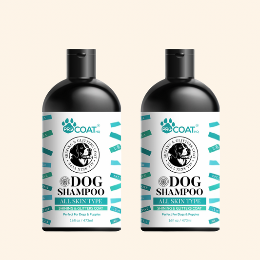 Two bottles of Pro Coat Dog Shampoo on a beige background