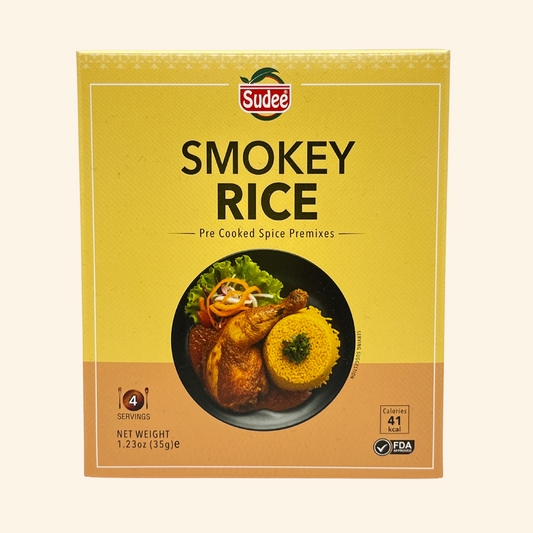 Sudee Smokey Rice spice mix packaging on a beige background