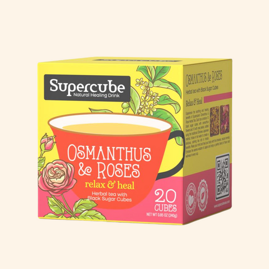 Supercube Osmanthus & Roses tea packaging on a beige background
